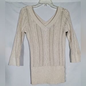 WHITE HOUSE BLACK MARKET WOOL CREAM GOLD METALLIC SIDE BUTTONS STRETCH SWEATER